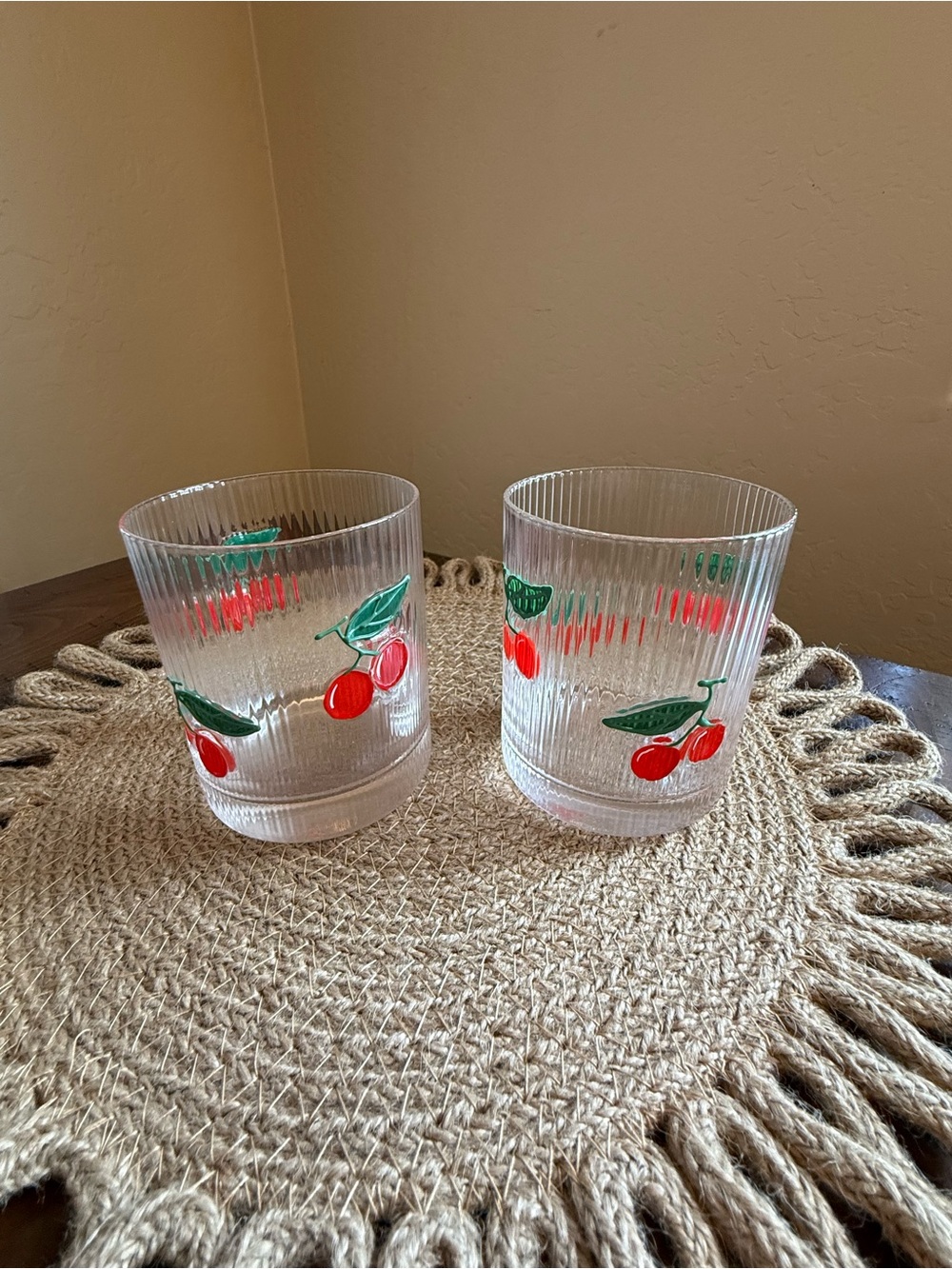 Set of 2 Ribbed Glass Cherry Tumblers Vintage-Style Hand-Painted Fruit Glasses